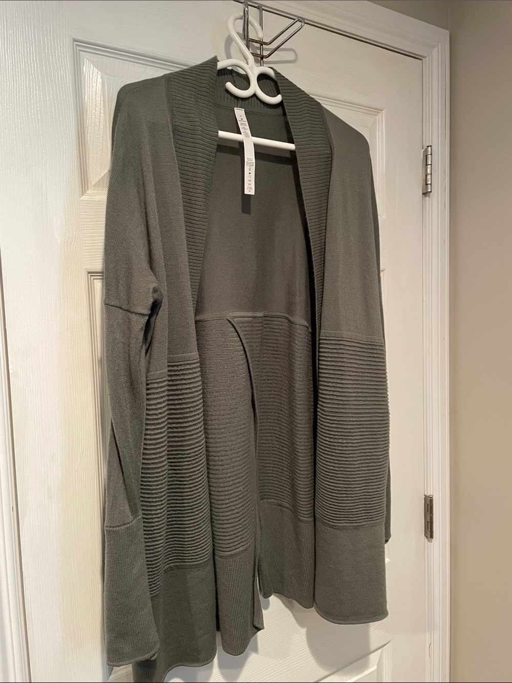 lululemon athletica muted olive-green ribbed open-front sweater